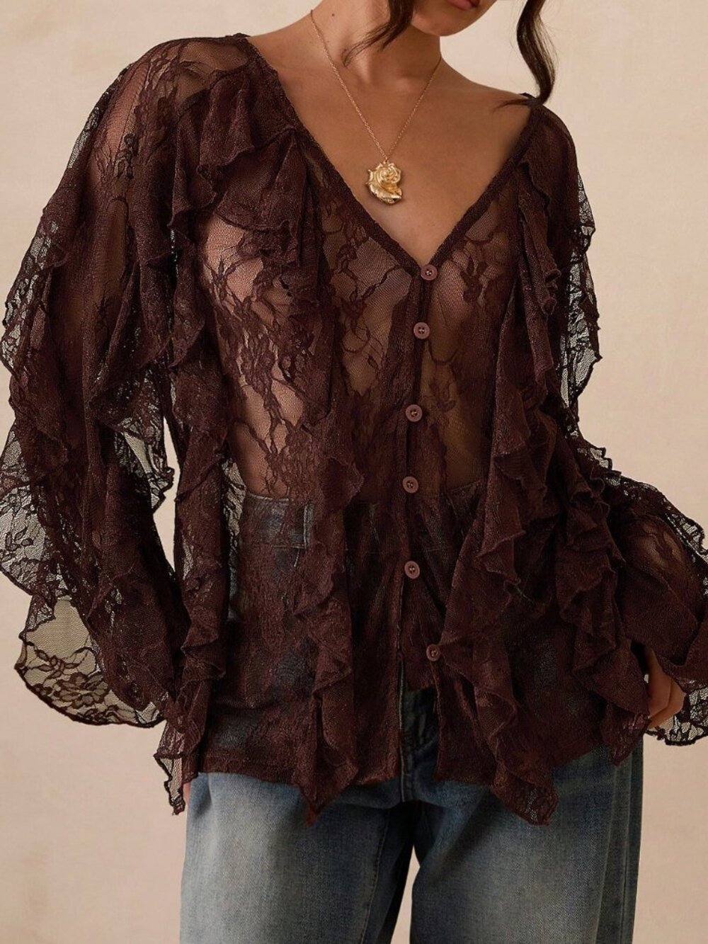 Coffee Brown Sexy Casual Women's V-Neck Long Sleeve Boho Blouse - Picture 7 of 7